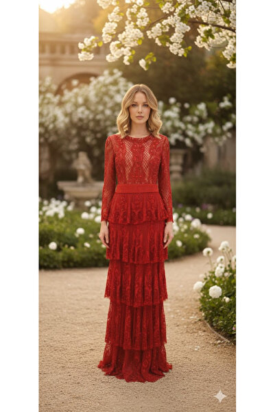 INN COUTURE İN COUTURE DANTEL VE GÜPÜR DETAYLI UZUN KOLLU ELBİSE