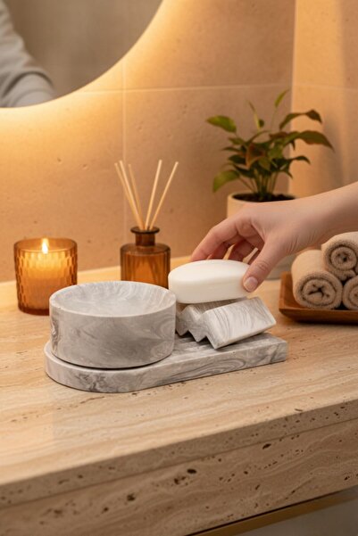 betonmall مجموعة منظم الحمام المكونة من 3 قطع من الخرسانة ذات نمط رخامي؛ حامل صابون، صينية تقديم، ووعاء متعدد الأغراض.