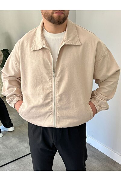 freemen Men's Basic Gabardine Fabric Zippered Oversized Transitional Polo Collar Beige Jacket