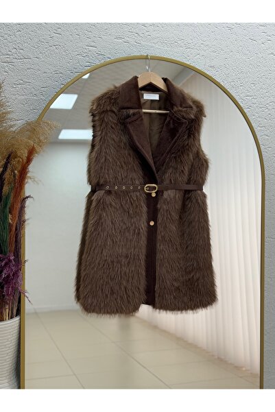 MİHRA STORE Finetta Metal Buttoned Fur Vest-En2209 Brown