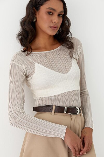 MARKALİSTE Ημιδιάφανο μακρυμάνικο μπλουζάκι κοτλέ εκρού