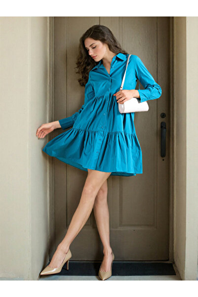Freehand By Styli Teal Tiered Buttoned Mini Dress