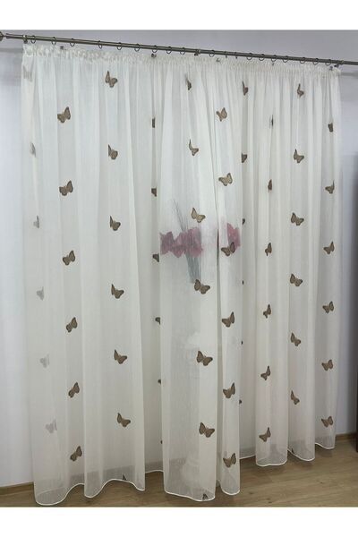 Liz Line Embroidered curtain, ivory/brown color, with drapery, from the "Papillon" collection PD0377