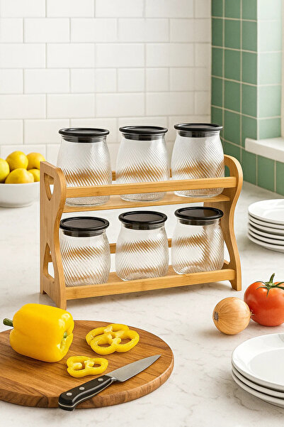 Urbanza 6 Swirl Glass Jars with Black Lids & Wooden Rack – Kitchen Spice Storage Organizer Set