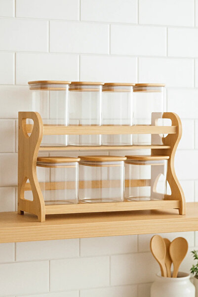 Urbanza 7 Clear Glass Jars with Bamboo Lids & Wooden Rack – Kitchen Spice Storage Organizer Set