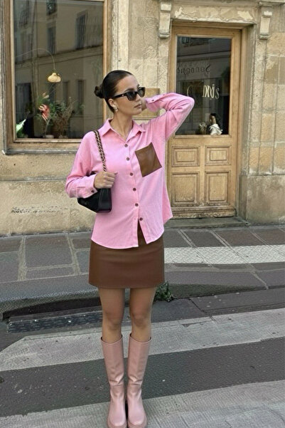 oshebu Γυναικείο δερμάτινο πουκάμισο ποπλίνα με λεπτομέρεια τσέπης