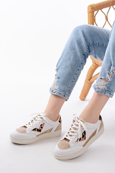 Zerenyus Zri̇n-01 Premium White Leopard Patterned Lace-Up Women's Sneaker