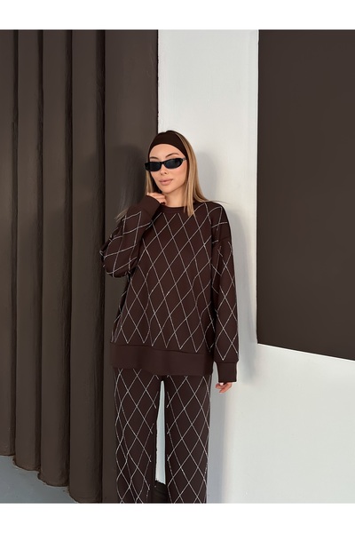 orjinal blue b Women's Casual Diamond Pattern Blouse Elastic Waist Pants Modal Set 3089 60283221