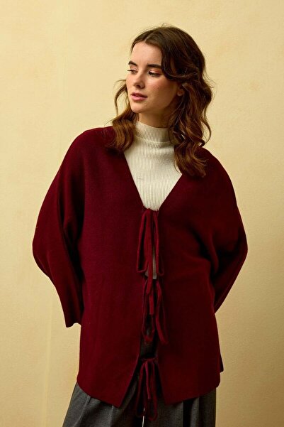 Ceylan Otantik Μπορντό 3 Πλεκτό Μπουφάν με Φιόγκο