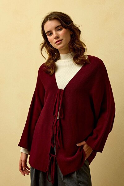 Ceylan Otantik Μπορντό 3 Πλεκτό Μπουφάν με Φιόγκο