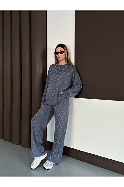 orjinal blue b Women's Casual Diamond Pattern Blouse Elastic Waist Pants Modal Set 3089 60283221