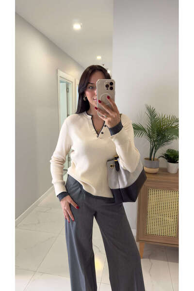 BİRCANÇİL Perosala Vanilla Anthracite Button Detailed Knitwear