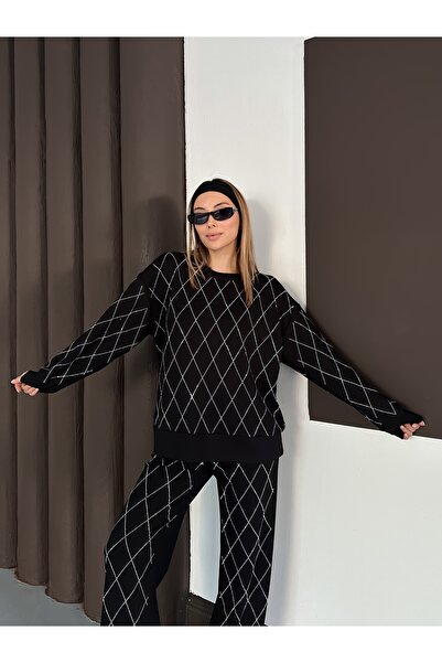 orjinal blue b Women's Casual Diamond Pattern Blouse Elastic Waist Pants Modal Set 3089 60283221