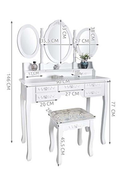Selgot Masă de machiaj albă cu 3 oglinzi și scaun