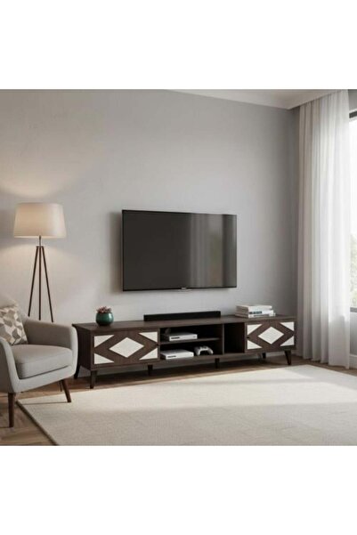 BAITY Rectangular TV Table 200 cm, 2 Drawers, Malaysian Wood - Brown and Gray