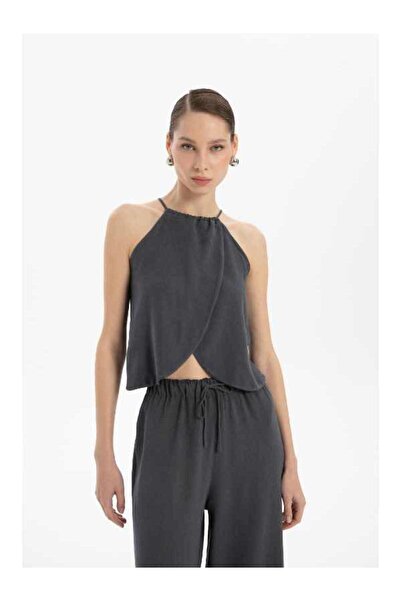 İpekçi Otantik İp Askılı Asimetrik Kesim Keten Karışımlı Bluz