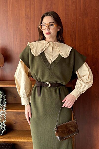 Ceylan Otantik Khaki Knitwear V-Neck Jile & Cream Ruffle Collar Crop Shirt Set