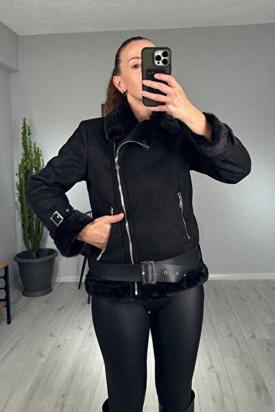 lady special Beli Kemerli Kürklü Süet Ceket