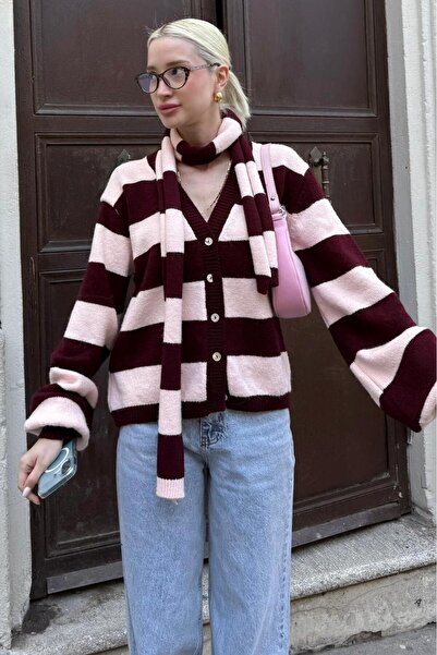 ELBA STİL Navy Blue Striped Scarf Women's Knitwear Cardigan