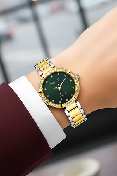 Ferrucci Steel Cord Stone Case Women Wrist Watch Silver-Gold Green Sdfer183