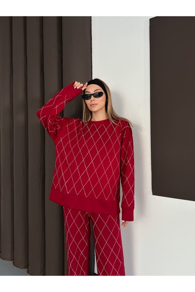 orjinal blue b Women's Casual Diamond Pattern Blouse Elastic Waist Pants Modal Set 3089 60283221