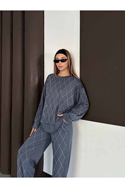 orjinal blue b Women's Casual Diamond Pattern Blouse Elastic Waist Pants Modal Set 3089 60283221