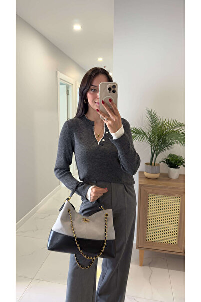 BİRCANÇİL Perosala Anthracite Cream Button Detailed Knitwear