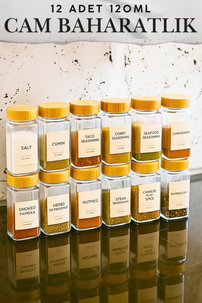 Penthouse 12-Piece Spice Jar Set with Bamboo Lids and Sprinkler Heads, Spice Rack with 16 Turkish Labels