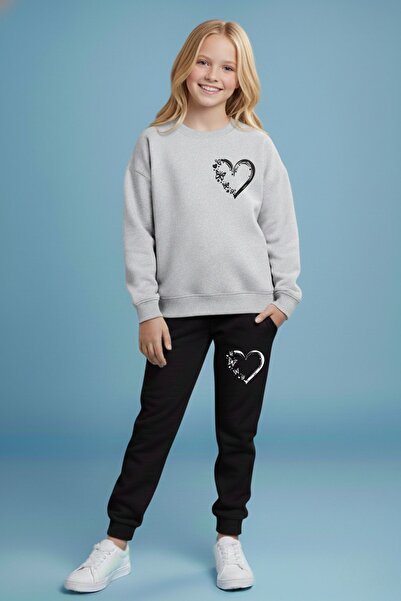 cm buseyiz Girl's Heart Printed Crew Neck Tracksuit Set – Black & Grey