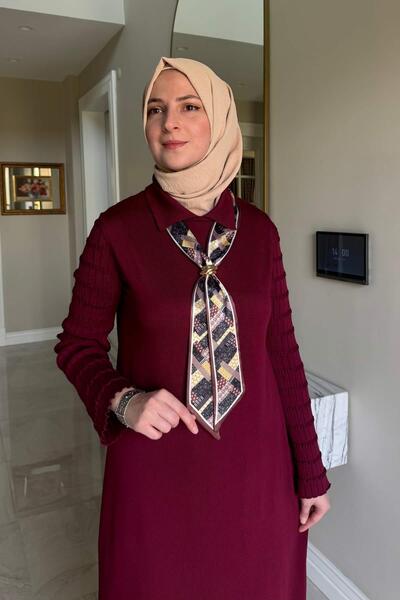 Rabia Şamlı Şölen Scarf Knitwear Dress Burgundy