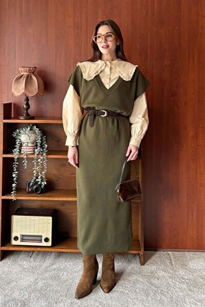 Ceylan Otantik Khaki Knitwear V-Neck Jile & Cream Ruffle Collar Crop Shirt Set