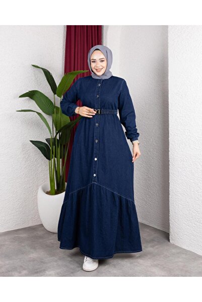 Hb Harma Time Butik Women's Buttoned Belted Denim Dark Jeans Blue Dress