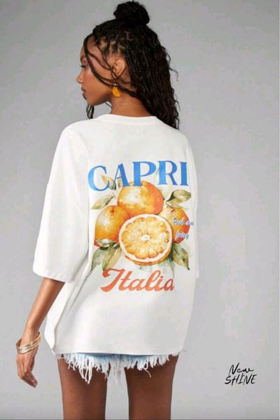 New Shine تي شيرت كابري إيطاليا مطبوع قصة فضفاضة