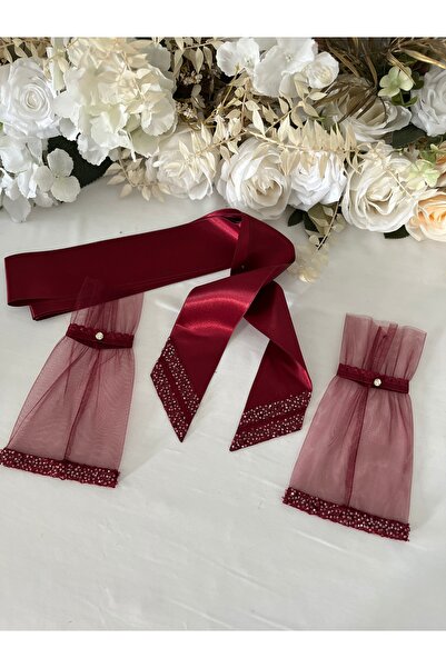 LE FANTASİA Bordo Vip Gelin Eldiveni ve Kuşak , Kına Eldiveni, Bel Kuşağı (El...