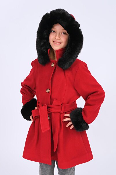 Perendi Παλτό για κορίτσια με γούνινη λεπτομέρεια με κουκούλα με ζώνη – Κόκκινο