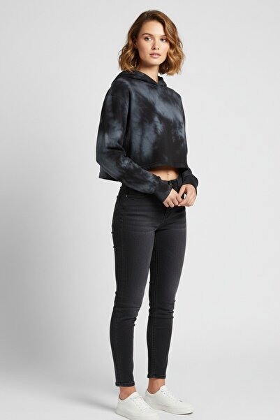 Kübra Tekstil سترة بغطاء رأس منقوشة بنمط تاي داي - هوديي نسائي باللون الأسود والرمادي، قميص رياضي