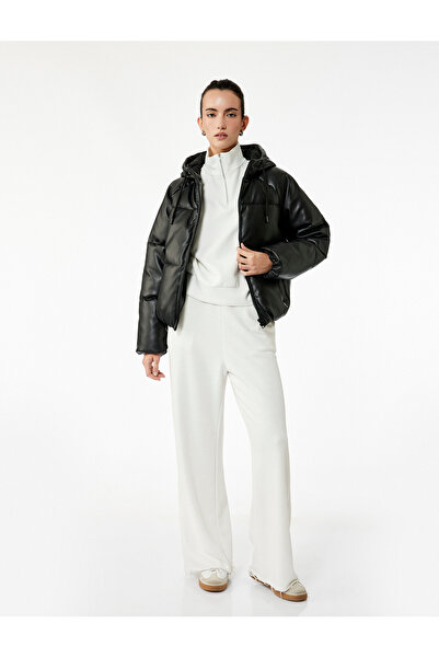 Koton Дълга ръкавна яке с качулка, джобове, цип и изкуствена кожа