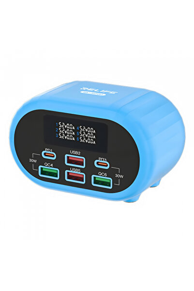 Universal Relife RL-309U Station Charger, 72W, 5A, 2 x USB-C - 4 x USB-A, Blue