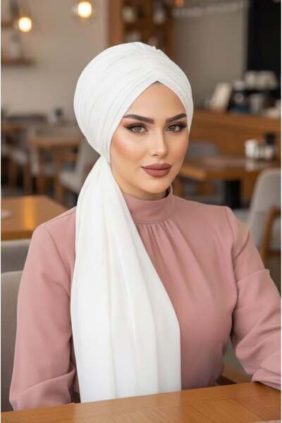Aişe tesettür Off-White Buckle Evening Dress Bonnet Shawl