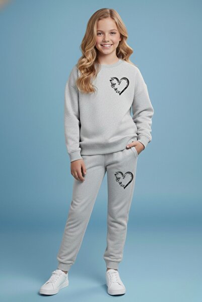 cm buseyiz Girl's Heart Printed Crew Neck Tracksuit Set – Black & Grey