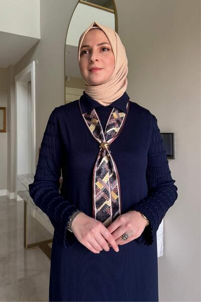Rabia Şamlı Şölen Scarf Knitwear Dress Navy Blue