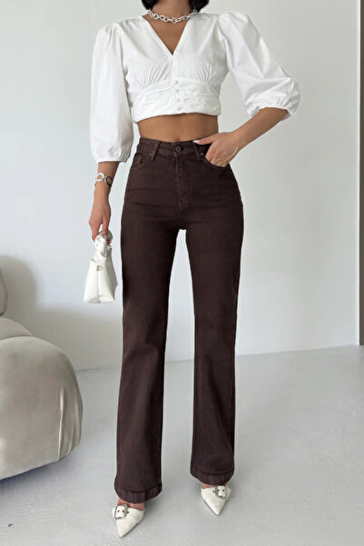 Coşkun GİYİM Women's High Waist Stitched Leg Relax Jeans Brown 7026-78