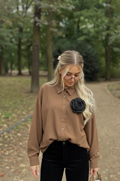 oshebu Γυναικείο μακρυμάνικο πουκάμισο από ποπλίνα με αξεσουάρ ροζ