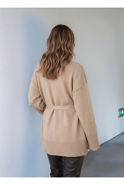 MAMAYAGA Midi Length Suitable for Women's Hijab Double-Breasted Closure Belted Long Sleeve Pocketed Sporty Stylish Knitwear Cardigan Jacket