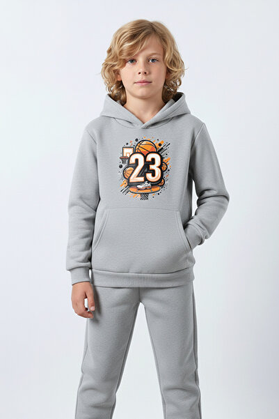 YA KO KİDS 3 İplik Ş Fleece-Lined Boys' Tracksuit Set with Kangaroo Pocket and Basketball Print Detail