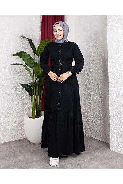 Hb Harma Time Butik Women's Buttoned Belted Denim Black Jeans Dress