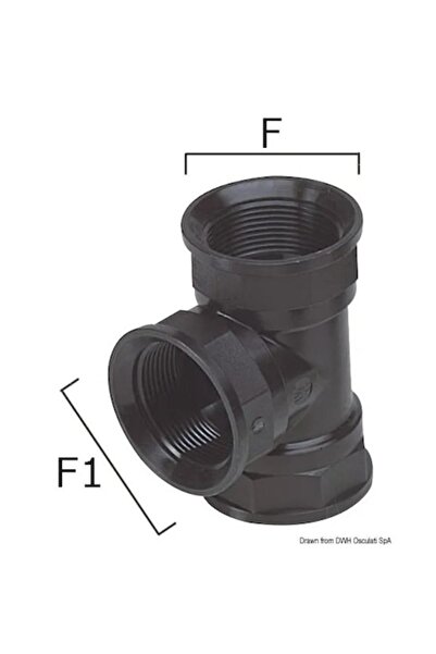 TNG Outdoor Thermopolymer T-fitting, 1"-1", F1 1/2" fitting, for dual-outlet drainage with through-hull fitting