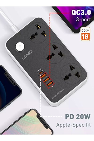 LDNIO Universal Power Strip — 3 AC Outlets, 4 USB (USB-C PD & QC3.0), 38W, 2m