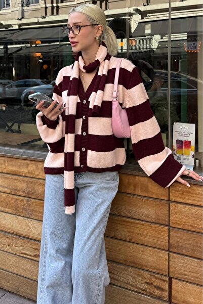 ELBA STİL Navy Blue Striped Scarf Women's Knitwear Cardigan