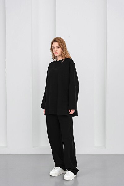 Basicpark Black Women's Embroidery Detailed Oversized Pique Textured Wide Leg Top and Bottom Set